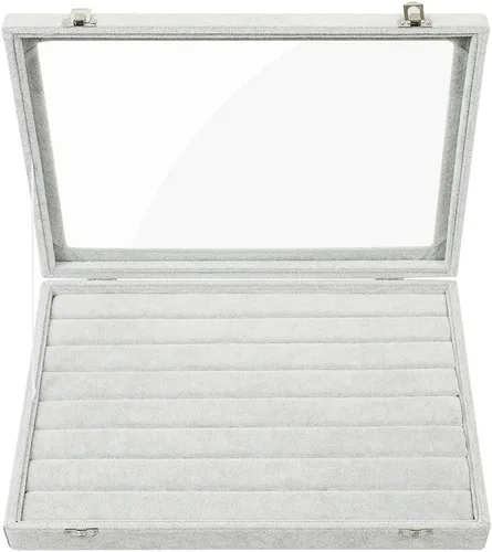 Vista 2 de Stylifing Organizador de aretes de anillo con tapa transparente de 7 ranuras, bandeja de joyería, organizador de cajones con cerradura para novia