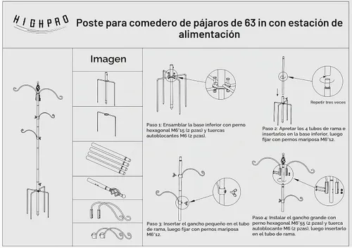 Vista 4 de Highpro - Estación de alimentación de aves – Soporte de múltiples ganchos de 63 pulgadas para observar atraer aves silvestres al aire libre, poste