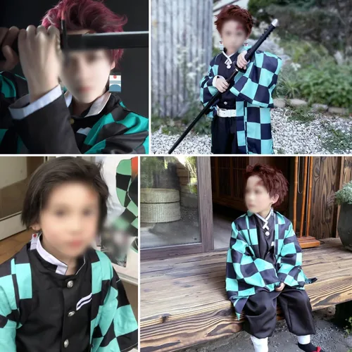 Vista 2 de Ahsapauk Disfraz de anime para niños, conjunto de traje de Halloween, uniforme de juego de rol Tanjiro Muichiro para niños y niñas Cosplay