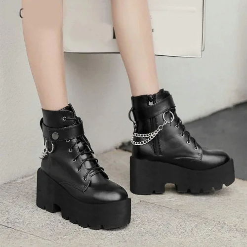 Vista 5 de Caradise Botas góticas de combate punk, con plataforma gótica, tacón grueso, con cordones, para mujer