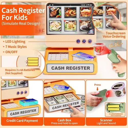 Vista 2 de Pupu Pig Play Food Store Juguetes para niños, tienda de comestibles de juego de simulación con caja registradora para niños con pedido de voz