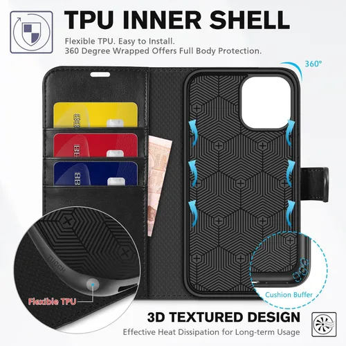 Vista 4 de TUCCH Funda tipo cartera para iPhone 12/iPhone 12 Pro 5G, con bloqueo RFID, ranura para tarjetas y soporte