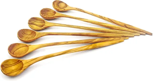 Vista 10 de WONDERFUL Cucharas de mango largo de madera de olivo 100% natural para café, té, batidos, para remover en la cocina, coctelera; cuchara para mezclar