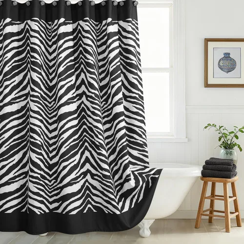 Vista 7 de Zebra - Cortina de ducha de tela de poliéster negra para baño, cortinas de baño modernas, decorativas, contemporáneas, impermeables, modernas, 72