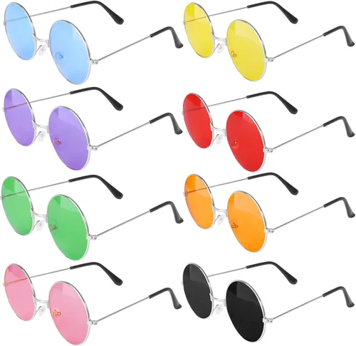 Vista 12 de ONESING 8-20 pares de gafas de sol redondas hippie círculo para mujer, gafas de sol hippie multicolor diadema discoteca fiesta Color A-8 piezas