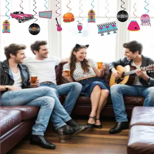 Vista 8 de Decoraciones para fiestas de los años 50, retro de los años 50, remolinos colgantes de música rock and roll, ensamblados y listos para usar