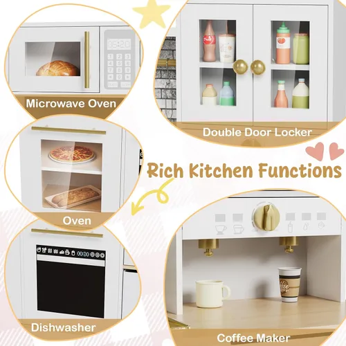 Vista 4 de MAMIZO Cocina de juego para niños, cocina de juguete de simulación de madera, juego de cocina Toodler, estufa con luz y sonido, fregadero