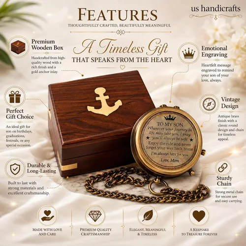 Vista 4 de Brass Compass with Wooden Case Engraved Compass from Mom to Son Graduation Gift, Birthday, Inspirational Travel Keepsake