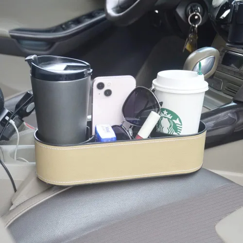 Vista 2 de Organizador Expansor de Portavasos para Auto, Organizador Multifuncional de Portavasos con Cubierta de Piel Sintética, Caja de Almacenamiento