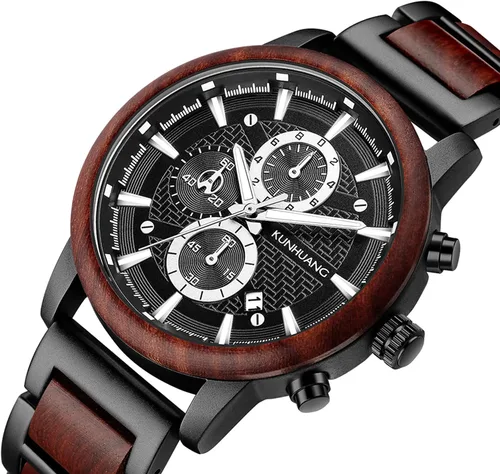 Vista 6 de IK COLOURING Relojes de madera para hombre, cronógrafo de cuarzo multifuncional y reloj de visualización de fecha para hombre, reloj de pulsera