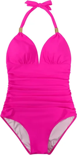 Vista 7 de RXRXCOCO - Traje de baño fruncido de una pieza con cuello en V para mujer con control de abdomen cuello halter