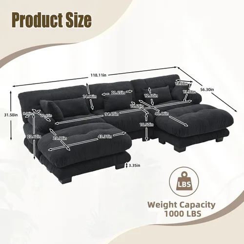 Vista 2 de Sofá modular en forma de U de 118 pulgadas con 2 otomanas, sofá de nube de terciopelo peletizado con almohadas de apoyabrazos de refuerzo, cómodo