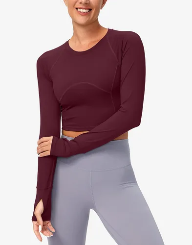 Vista 2 de SANTINY Camiseta corta de manga larga para mujer, ajustada, para gimnasio, yoga, correr, para mujer