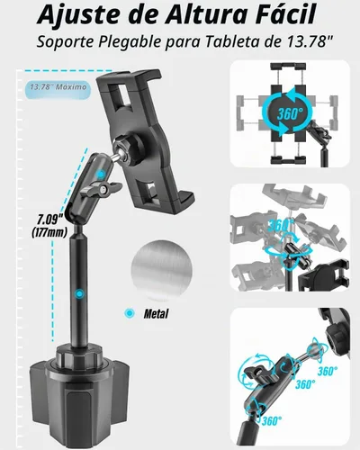 Vista 3 de Soporte para tablet para automóvil, brazo de metal, soporte de tableta resistente para portavasos de automóvil, soporte de automóvil ajustable