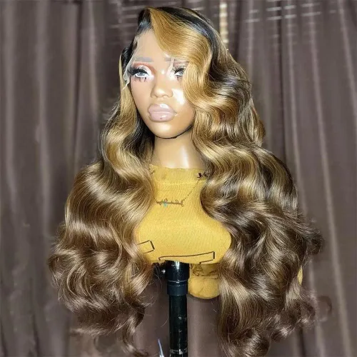 Vista 4 de Peluca de cabello humano ondulado con reflejos rubio miel 1b/27, sin pegamento, cabello humano ondulado HD de 13x4, con encaje frontal transparente