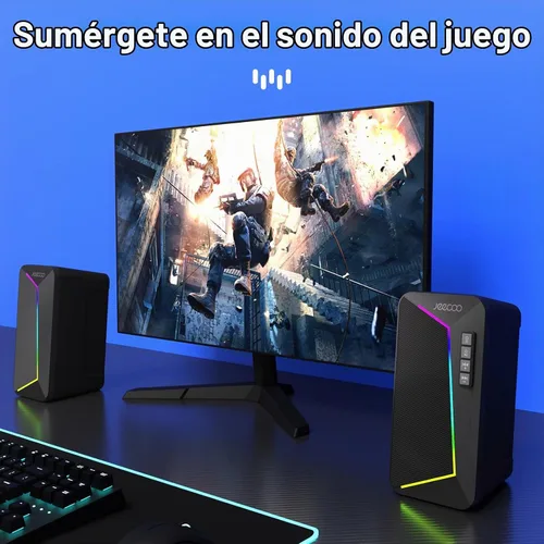 Vista 9 de Jeecoo Altavoces de computadora Bluetooth M30, altavoces RGB para juegos de PC para escritorio con sonido estéreo nítido, modos LED dinámicos
