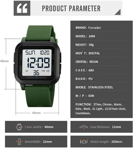 Vista 3 de Reloj digital deportivo para hombre, resistente al agua, con retroiluminación LED, alarma, temporizador de cuenta regresiva, doble hora, cronómetro