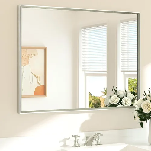 Vista 85 de TETOTE Espejo de baño dorado cepillado de 20" x 30", espejo de tocador de baño rectangular de latón dorado cepillado con marco biselado para sobre