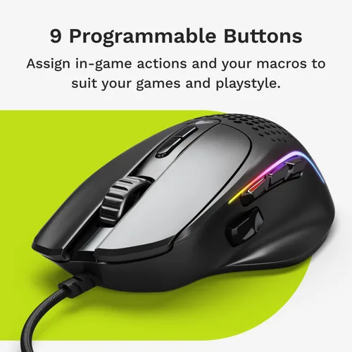 Vista 4 de Glorious Gaming Model I 2 ratón para juegos con cable: 9 botones programables (2 intercambiables), 66g superligero, sensor óptico 26k, interruptores