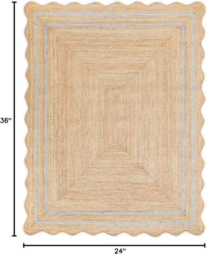 Vista 2 de Alfombra de yute natural festoneada ondulada, gris (2 x 3 pies): alfombra bohemia para entrada de granja