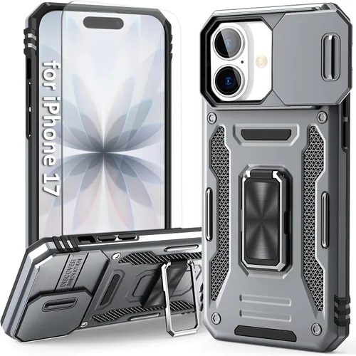 Vista 10 de Funda compatible con iPhone17 Pro con soporte, cubierta de cámara y protector de pantalla HD, doble capa a prueba de golpes, protección contra