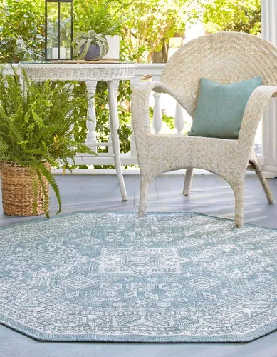 Vista 4 de Unique Loom Outdoor Aztec Collection Alfombra de área, Chalca (5 pies 3 pulgadas, octágono, aguamarina/marfil)