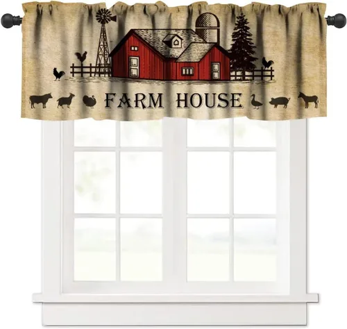 Vista 35 de Cenefa de ventana de gallo de Western Farm, pollo, girasol, retro, con estampado de cuadrícula de búfalo amarillo, bolsillo para barra, tratamientos