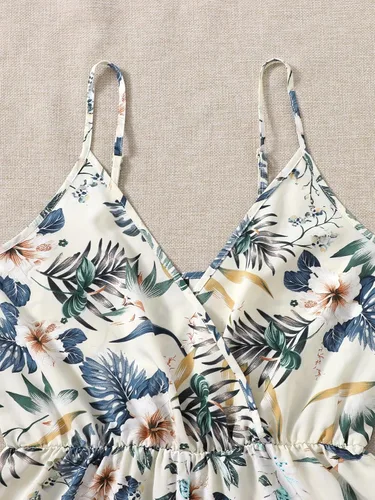 Vista 5 de WDIRARA Overol casual para mujer, estampado floral, bohemio, cuello en V, pantalones cortos para la playa