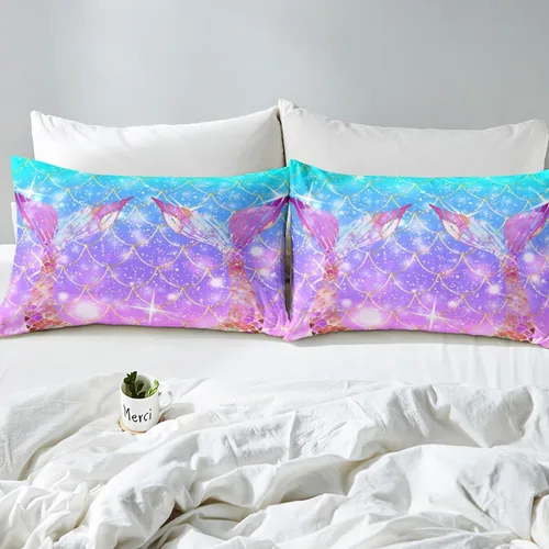 Vista 5 de Erosebridal Funda de edredón con cola de sirena para niñas, funda de edredón con escamas de pez de sirena, juego de ropa de cama de sirena de arco
