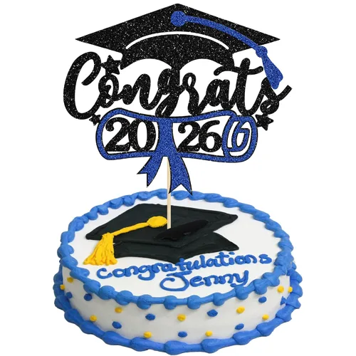 Vista 15 de Gyufise 1 decoración de pastel de graduación azul 2024 de felicitaciones para tartas de graduación 2024, decoración de pastel con purpurina