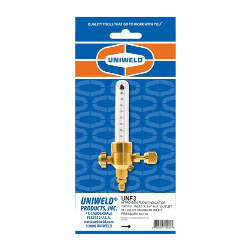 Vista 3 de Uniweld UNF3 Indicador de flujo de nitrógeno con conexión de entrada hembra de 1/4 pulg. y conexión de salida macho de 1/4 pulg.