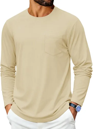 Vista 21 de Cotrasen Camisetas de manga larga para hombre de algodón con cuello redondo, camisetas T con bolsillo que absorben la humedad, suaves, cómodas