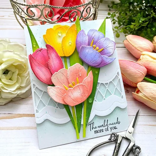 Vista 6 de Juego de tulipanes troquelados de metal con flores, hojas de flores, plantas, plantillas de corte de boda, plantillas de manualidades, tarjetas