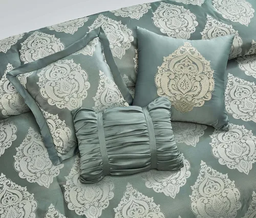 Vista 8 de Sterling Creek Trinity - Juego de edredón de lujo de 7 piezas, edredón tradicional de medallón jacquard gris y verde con cojines decorativos