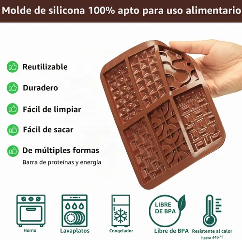 Vista 3 de Molde de barra de chocolate de silicona con 6 patrones, 2 moldes de chocolate de 0.3 pulgadas de profundidad para barra de proteínas y energía