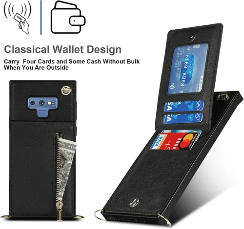 Vista 8 de Funda para teléfono Samsung Galaxy Note 9 con correa cruzada, tarjetero de cuero, ranuras de crédito, soporte magnético, accesorio para celular