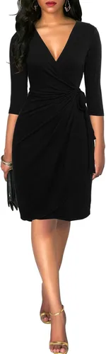 Vista 3 de Berydress - Vestido clásico con manga 34 y cuello en V para mujer, entubado, cruzado simulado, informal, para fiestas y para ir al trabajo