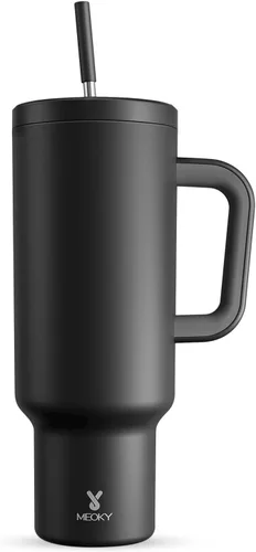 Vista 14 de Meoky - Vaso de 30 oz con asa, tapa y pajilla, taza de viaje térmica de acero inoxidable 100% a prueba de fugas, para portavasos, mantiene el frío