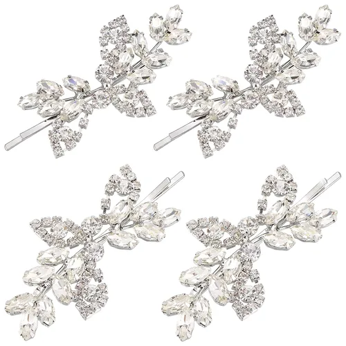 Vista 7 de Waydress 4 pinzas para el pelo con diamantes de imitación para boda, pasador de pelo de novia, diseño de hojas decorativas, accesorios de horquilla