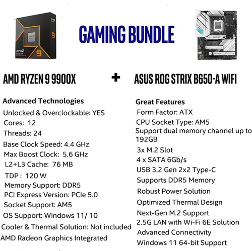 Vista 2 de MICRO CENTER AMD 9900X Processor with ASUS ROG Strix B650A WiFi Motherboard Combo de placa base CPU, Ryzen 9, AM5, DDR5, PCIe 5.0, USB 3.2 Gen2x2