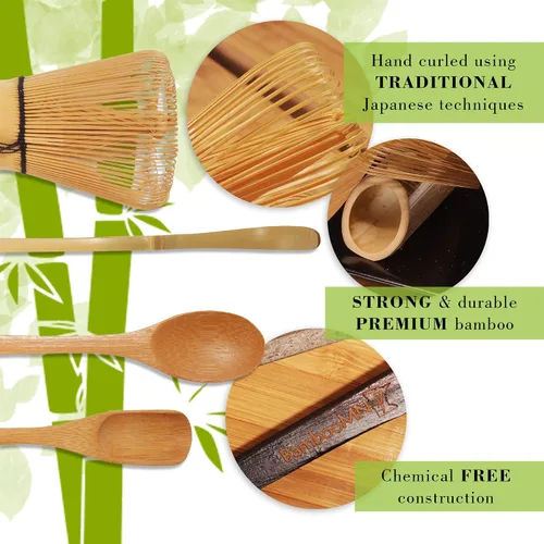 Vista 4 de BambooMN Juego de batidor de matcha - Chasen (batidor de té), Chashaku (cuchara de bambú con gancho), cuchara de té - negro