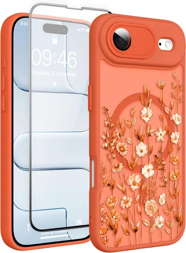 Vista 143 de Magnético para iPhone 13 con protector de pantalla [Compatible con MagSafe] Diseño de patrón floral de flores bonitas, funda delgada a prueba