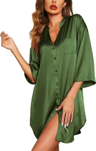 Vista 13 de Ekouaer Camisones de satén para mujer, ropa de dormir de seda con botones, manga 3/4, cuello en V, con bolsillos 01 Negro