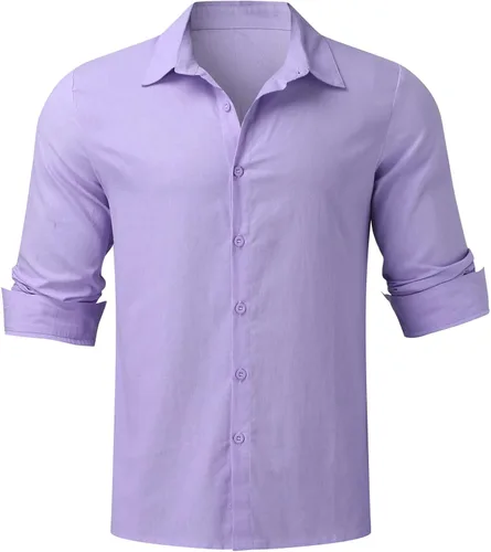 Vista 4 de BIUMUET Camisas de algodón y lino para hombre, estilo casual, con botones, color sólido, manga enrollable, para verano, playa, ajuste regular