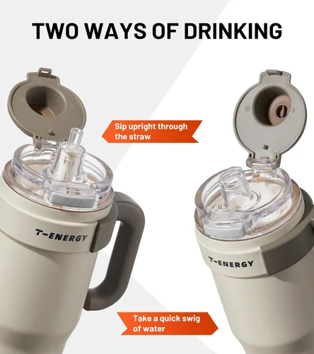 Vista 3 de TKK Vasos aislados de 40 onzas con asa y pajilla, taza de viaje de acero inoxidable con revestimiento de cerámica, taza de café helado de doble
