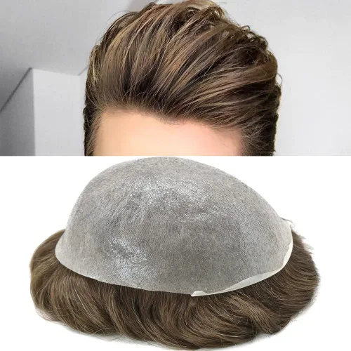 Vista 9 de Hairpiece para hombres Toupee Unidades de cabello humano para hombres Pieza de pelo de piel fina Toupee Hombres Reemplazo de pelo V-Loop Línea