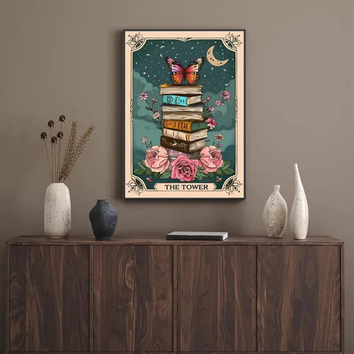 Vista 4 de Póster de libros de cartas de tarot, arte de pared, diseño de mariposa, flores botánicas, arte de pared, biblioteca, lectura, impresiones en lienzo