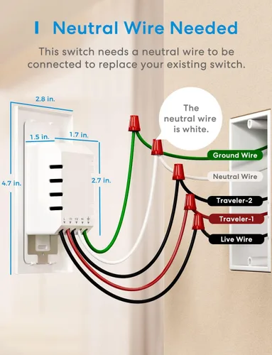 Vista 2 de meross Interruptor inteligente de 3 vías, requiere cable neutro, compatible con Apple HomeKit, Alexa, Hey Google y SmartThings, un solo polo y 3