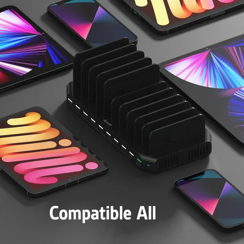 Vista 2 de Alxum Estación de carga rápida USB con carga rápida 3.0, soporte de carga de 10 puertos para múltiples dispositivos, compatible con iPad, iPhone