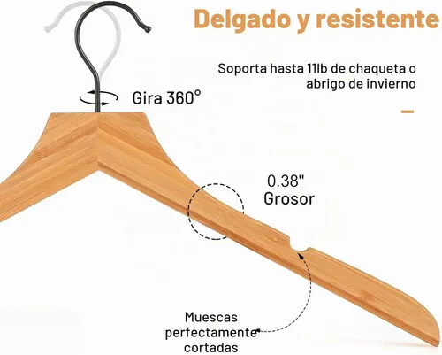 Vista 3 de TOPIA HANGER Perchas de madera de bambú, perchas con gancho negro giratorio y nothces de corte liso, juego de 12 perchas de madera duraderas